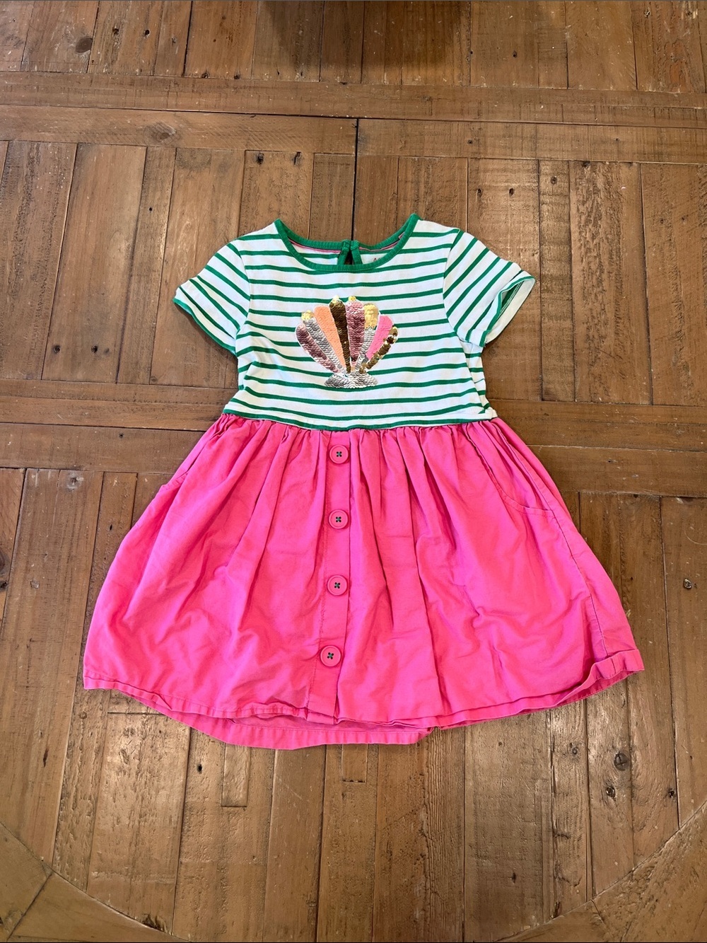 Mini Boden flip sequin seashell dress 4-5 years pink green striped